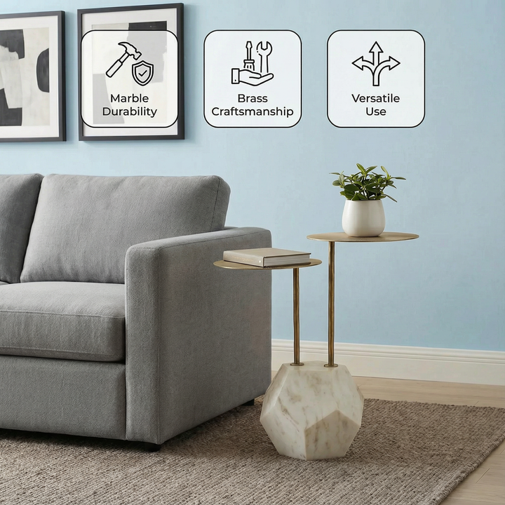 Marble Brass Accent Table – Contemporary White & Gold Statement | Side Table | Trufairs