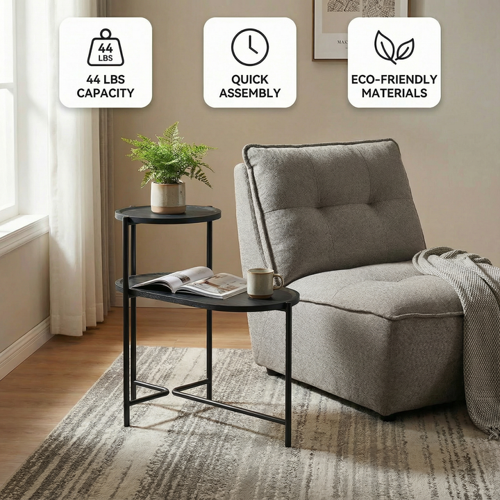 Round Coffee Table with Storage Tray 2-Tier Wooden Small Side Table for Living Room (Black) | Trufairs