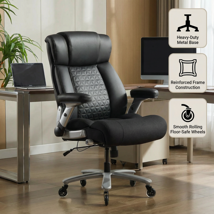 500 lbs Big & Tall Office Chair with Adjustable Lumbar Support & Flip-Up Armrests – Heavy Duty Executive Desk Chair | Trufairs