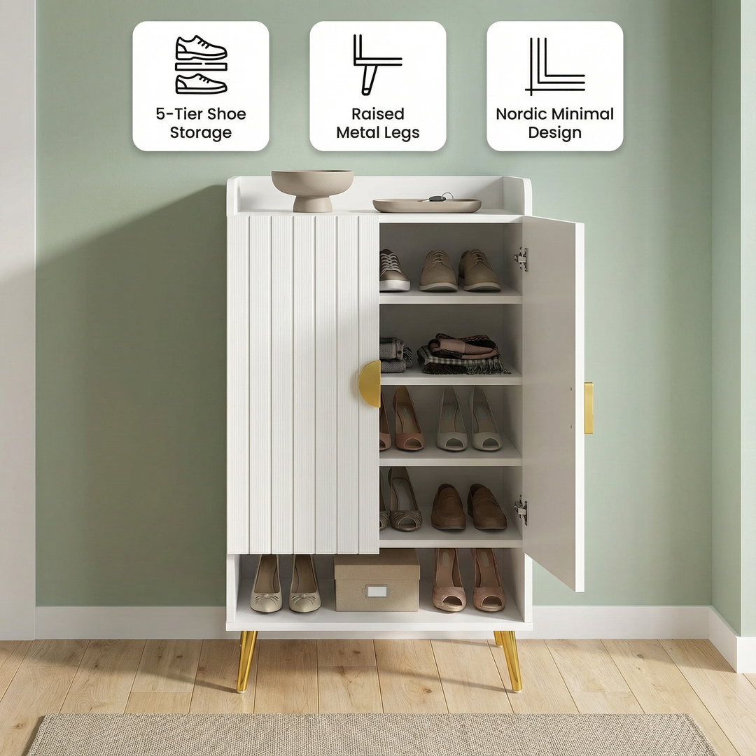 Nordic White Entryway Shoe Storage Cabinet with Doors & Open Shelves – 5-Tier Modern Organizer | Trufairs