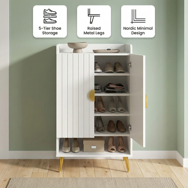 Nordic White Entryway Shoe Storage Cabinet with Doors & Open Shelves – 5-Tier Modern Organizer | Trufairs