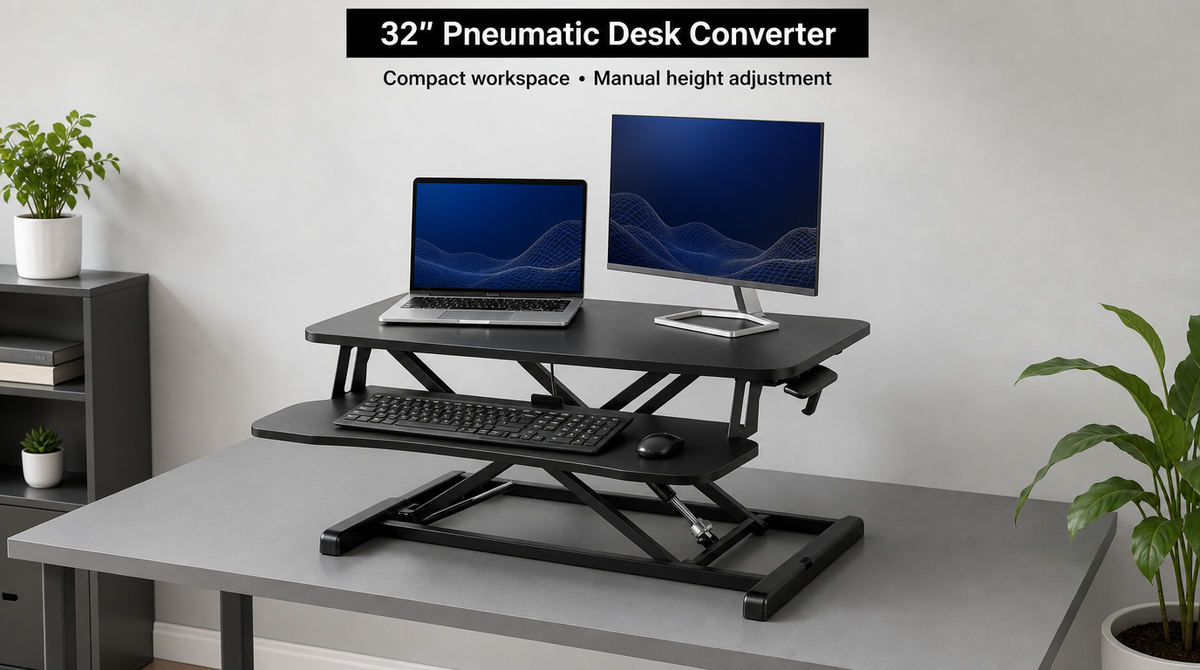 Black 32-inch pneumatic standing desk converter with a laptop, monitor, keyboard tray, and manual height lever