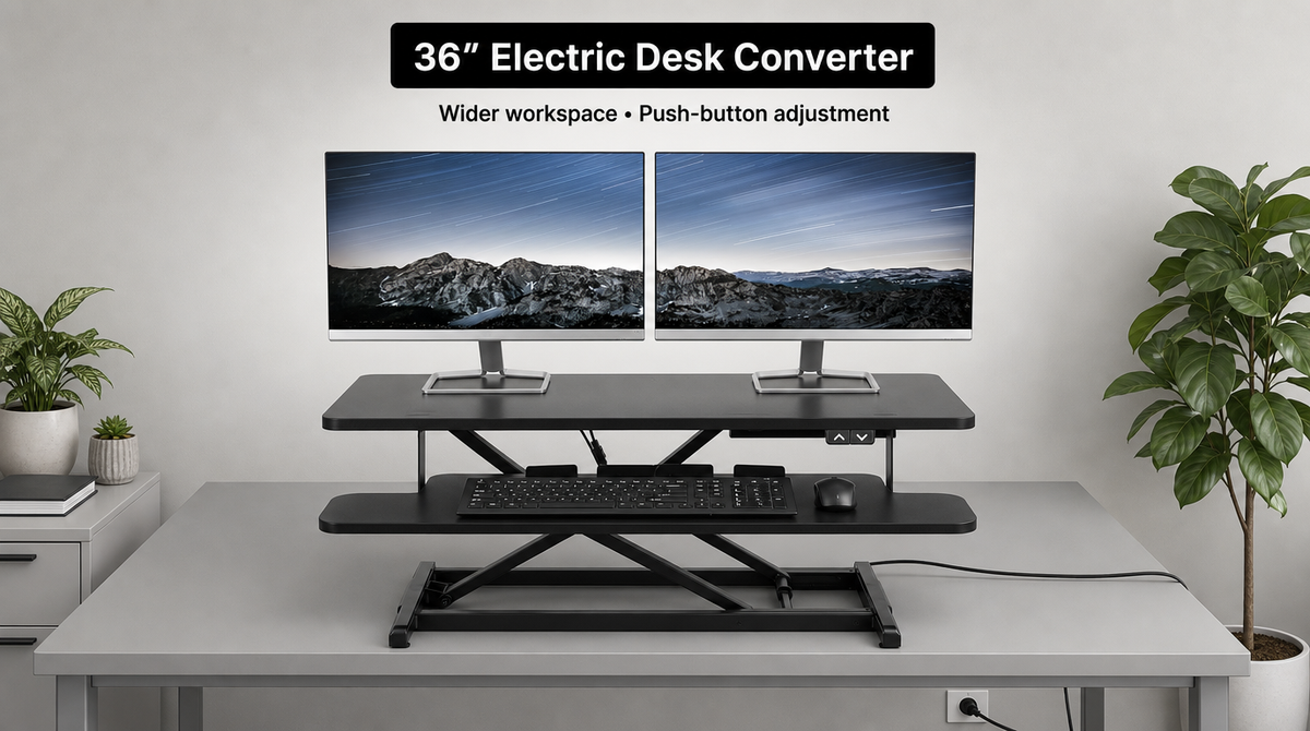 “36-inch electric standing desk converter with two monitors, a keyboard and mouse tray, and push-button height controls.”