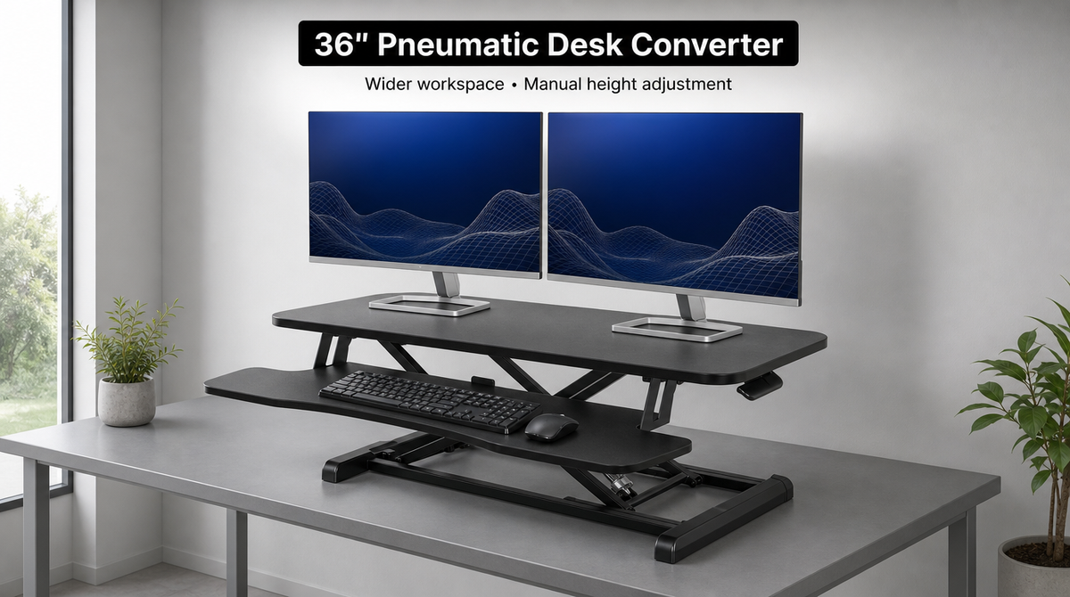 36-inch pneumatic desk converter supporting two monitors, with a full-width keyboard tray and side adjustment lever.