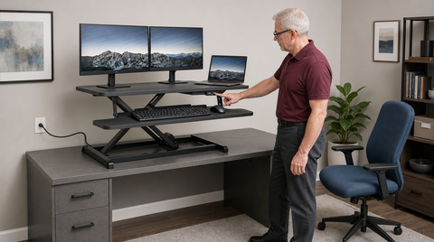 “Man pressing the height-control button on an electric desk converter holding two monitors and a laptop.”