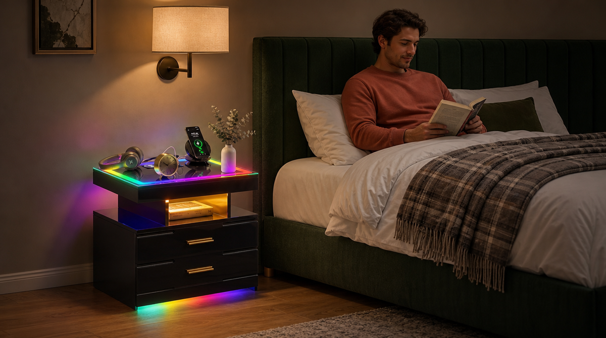 “Black two-drawer LED nightstand with multicolor lighting around the tabletop and base beside a man reading in bed.”