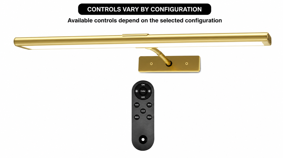 “Picture-light controls vary by model; the remote shown has power, brightness, color, and 15-, 30-, 60-, and 120-minute timer buttons.”