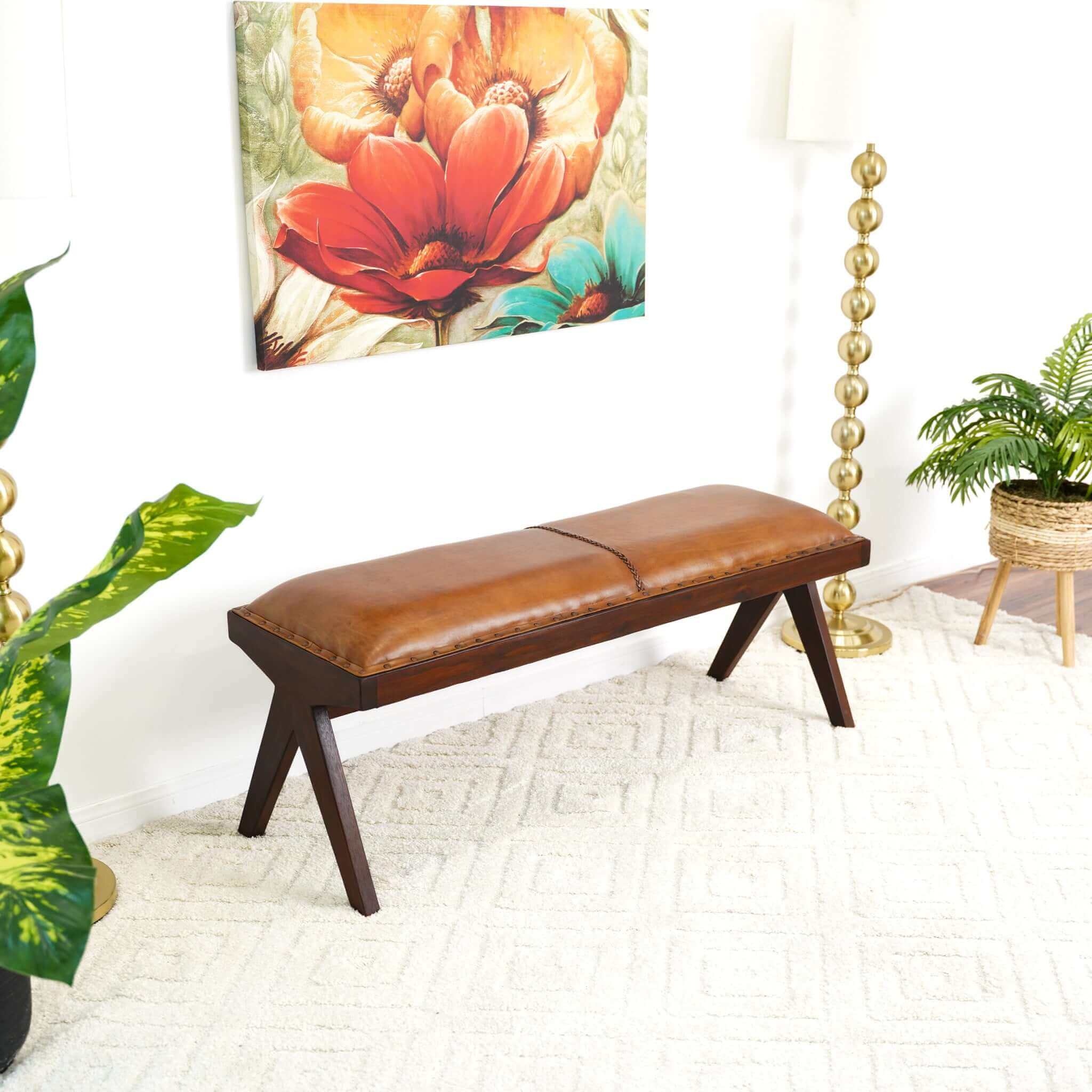 Chad Mid Century Modern Tan Leather Bench