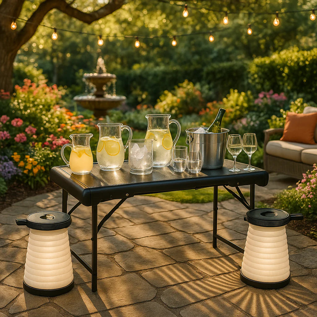 Exclusive 3 Pieces Folding Camping Table Stool Set with 2 Retractable LED Stools - Premium Outdoor Adventure Collection