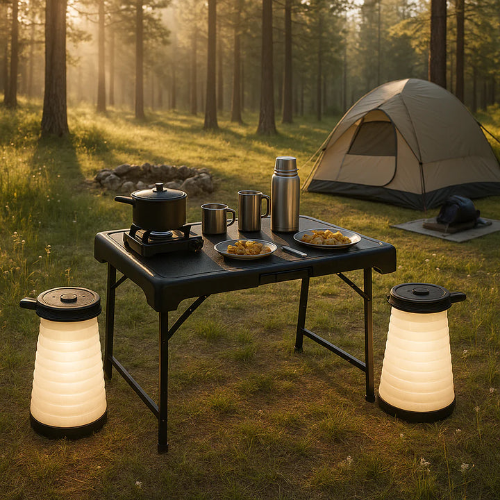 Exclusive 3 Pieces Folding Camping Table Stool Set with 2 Retractable LED Stools - Premium Outdoor Adventure Collection