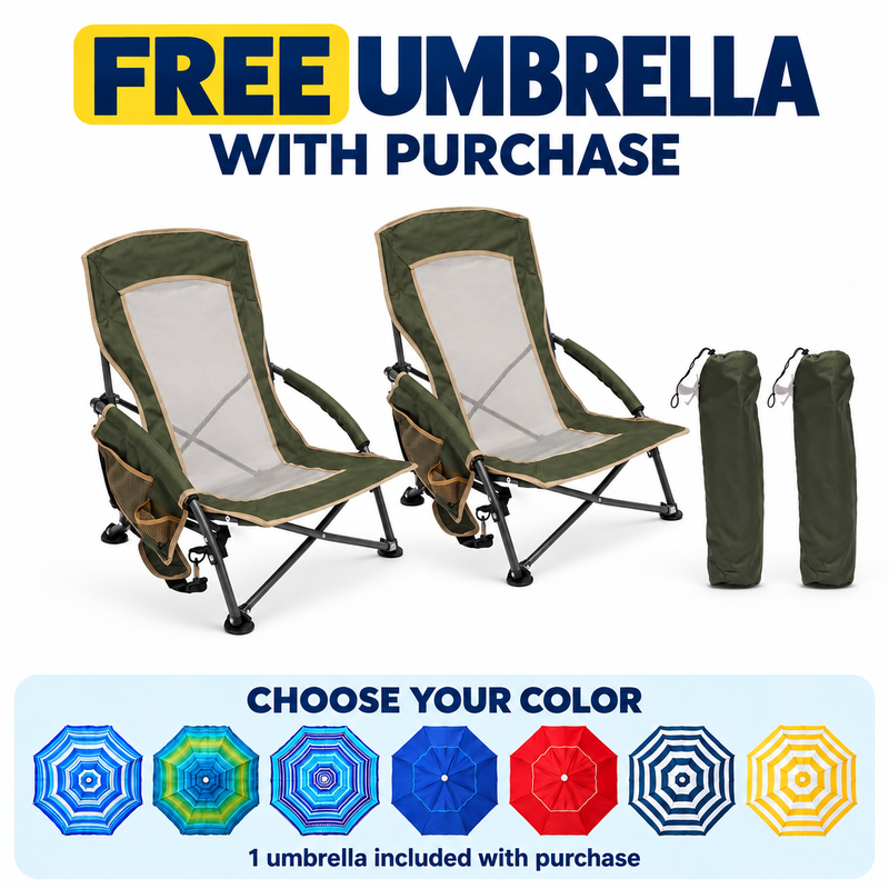 Folding Beach Chairs 2-Pack – Mesh Back with Cup Holders