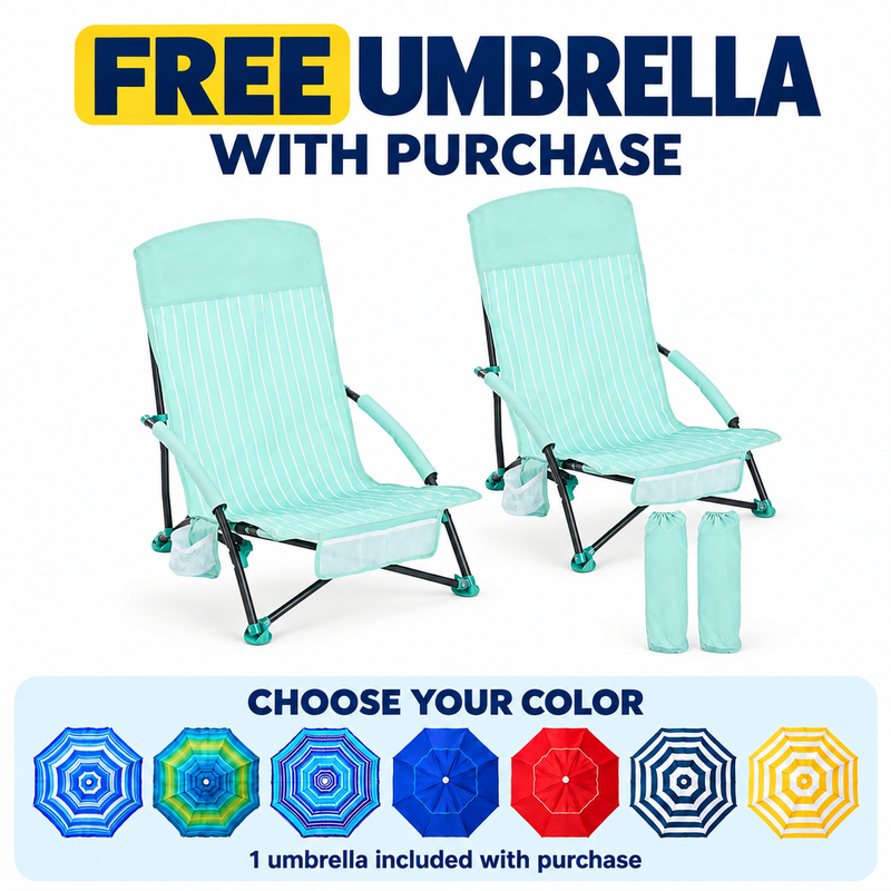 Folding Beach Chairs 2-Pack – Mesh Back with Cup Holders