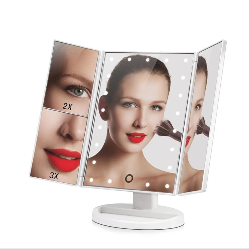 Touch Screen Trifold 22 LED Lighted Vanity Makeup Mirror with 1x/2x/3x Magnification USB Charging 180 Degree Adjustable Stand