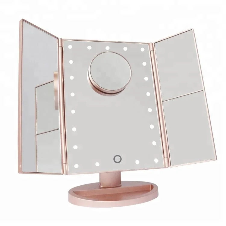 Touch Screen Trifold 22 LED Lighted Vanity Makeup Mirror with 1x/2x/3x Magnification USB Charging 180 Degree Adjustable Stand