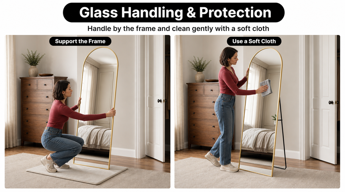 “Two panels demonstrate supporting the mirror by its frame when moving it and gently cleaning the glass with a soft cloth.”
