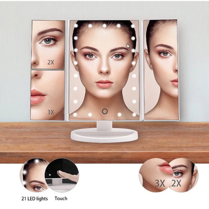 Touch Screen Trifold 22 LED Lighted Vanity Makeup Mirror with 1x/2x/3x Magnification USB Charging 180 Degree Adjustable Stand