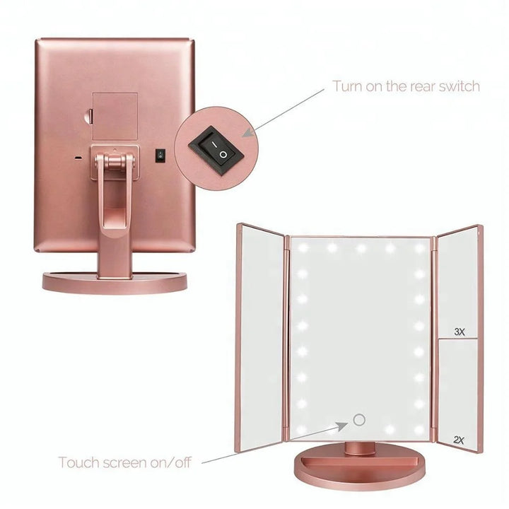 Touch Screen Trifold 22 LED Lighted Vanity Makeup Mirror with 1x/2x/3x Magnification USB Charging 180 Degree Adjustable Stand