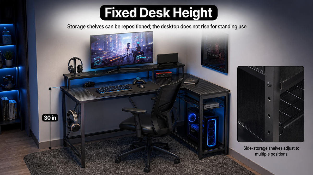 “Desk height is fixed at 30 inches; side-storage shelves can be repositioned, but the desktop does not rise for standing.”