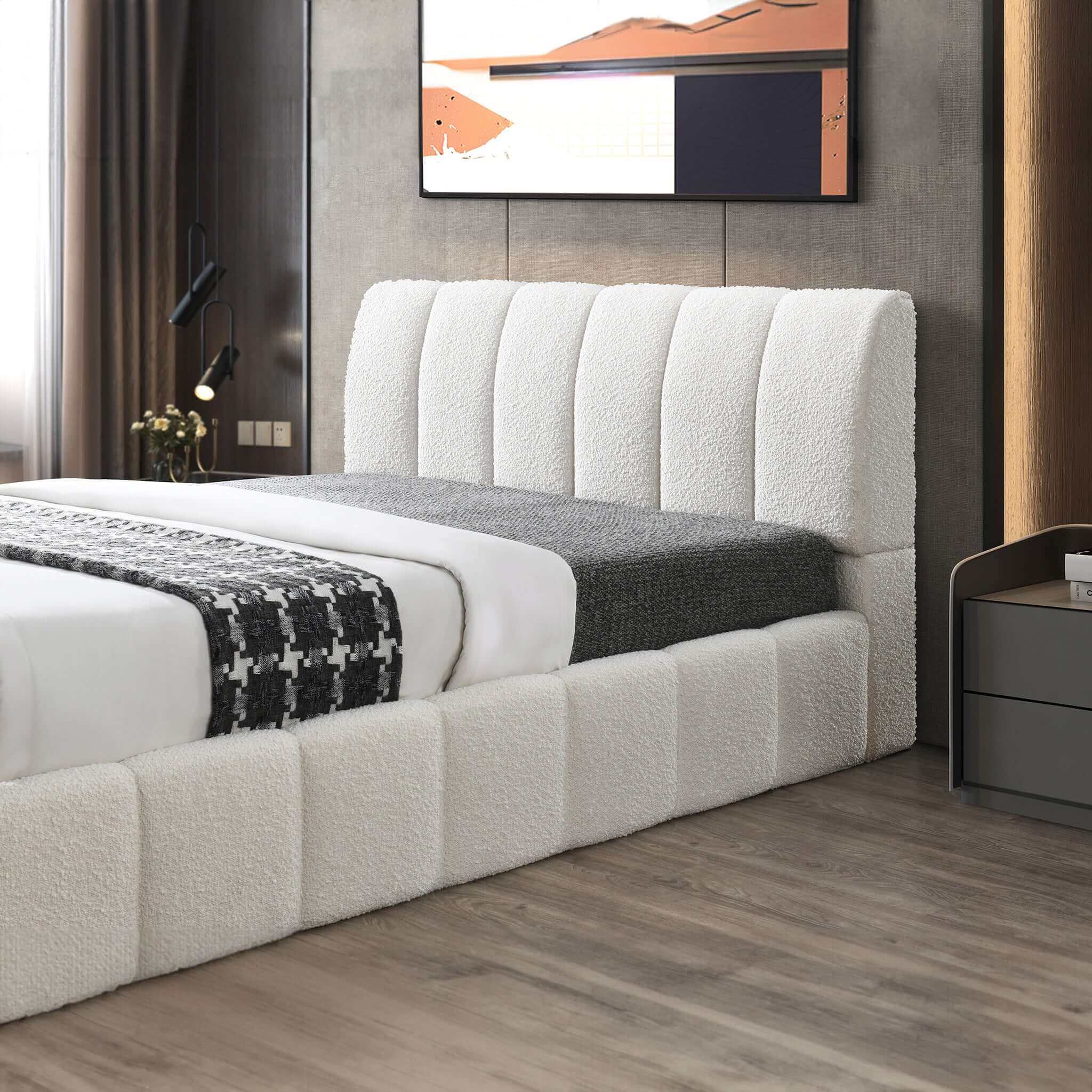 Hilar White Boucle Platform Bed Queen