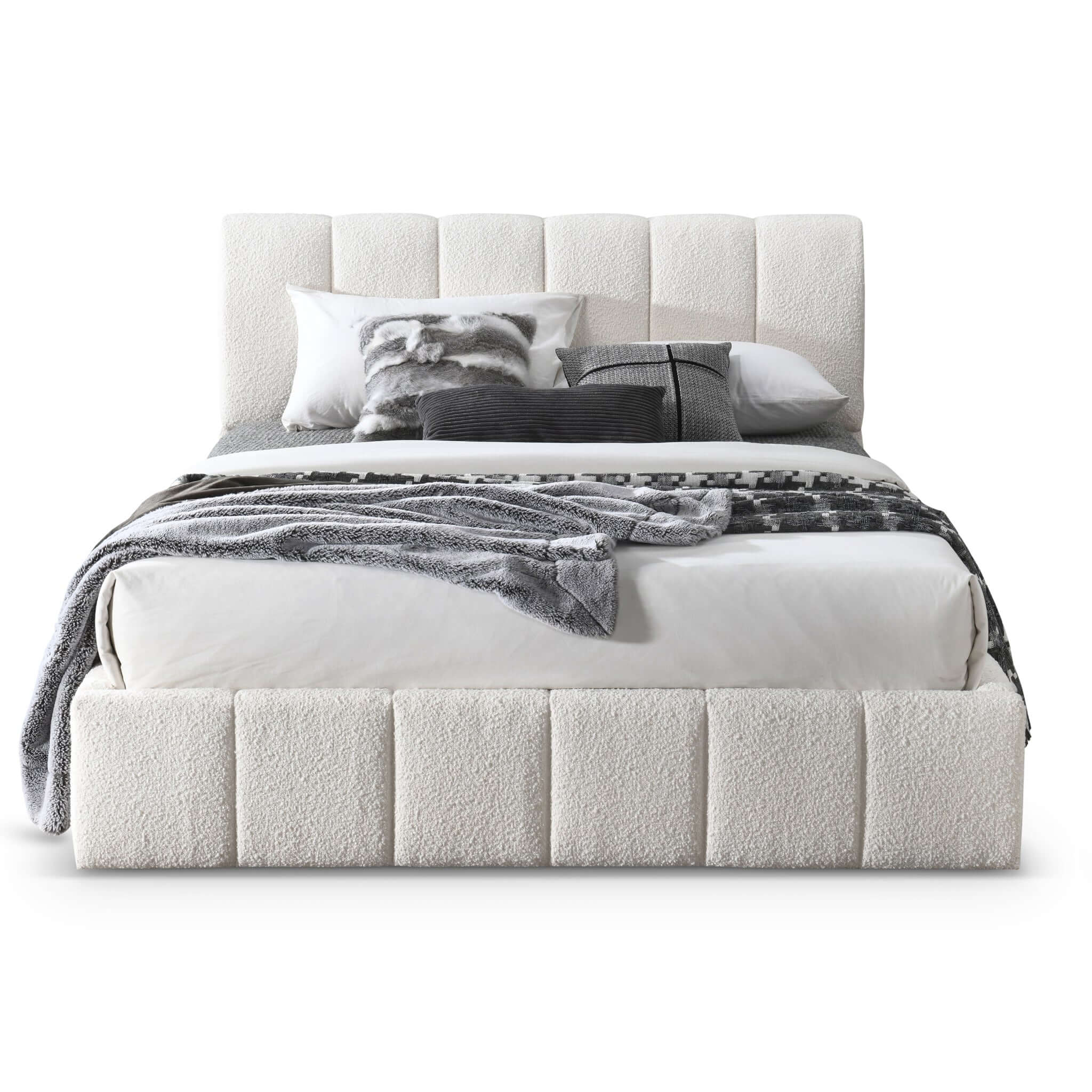 Hilar White Boucle Platform Bed Queen