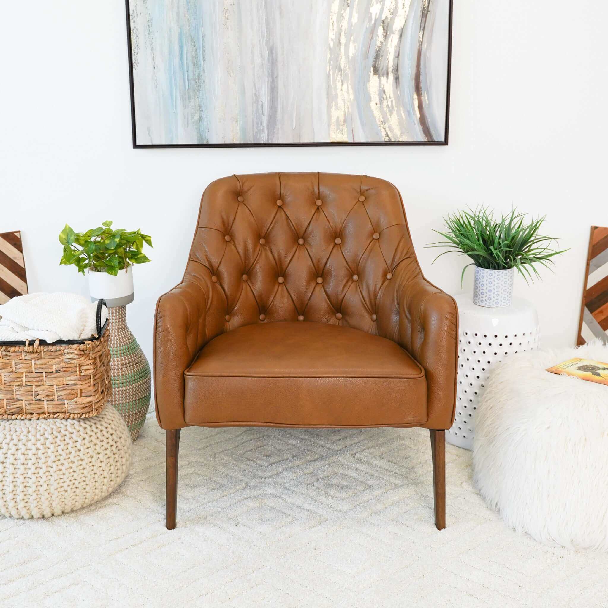 Joshua Tufted Tan Leather Lounge Chair