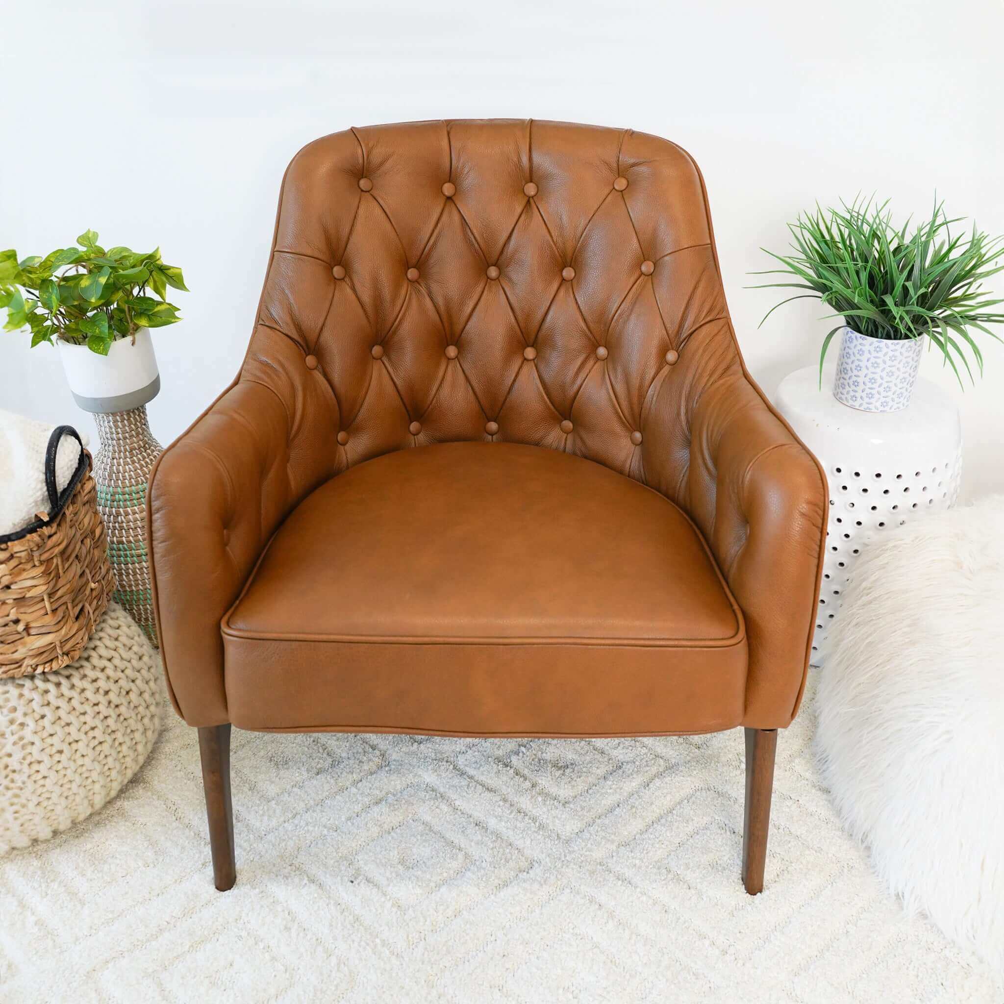 Joshua Tufted Tan Leather Lounge Chair