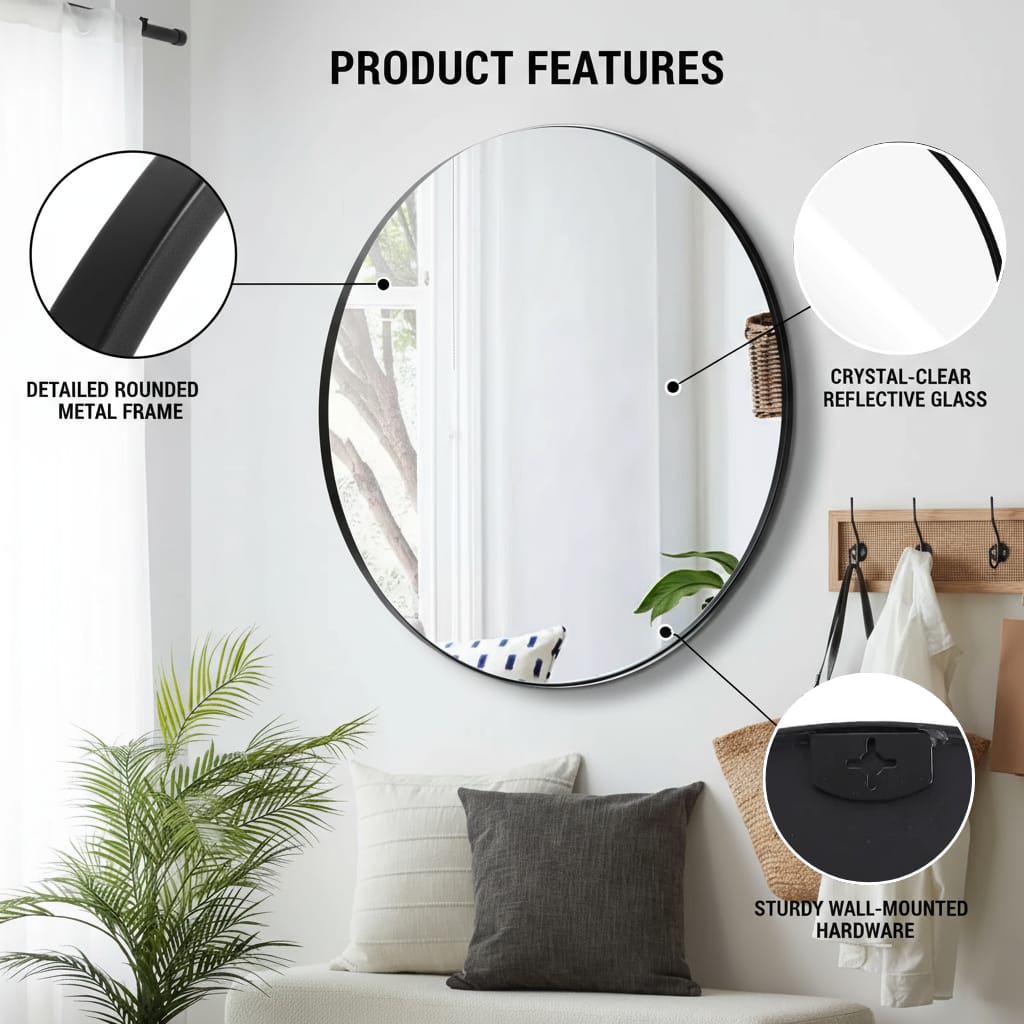 Modern 36-Inch Round Metal Frame Mirror – Sleek and Versatile Wall Decor | Wall Mirror | Trufairs