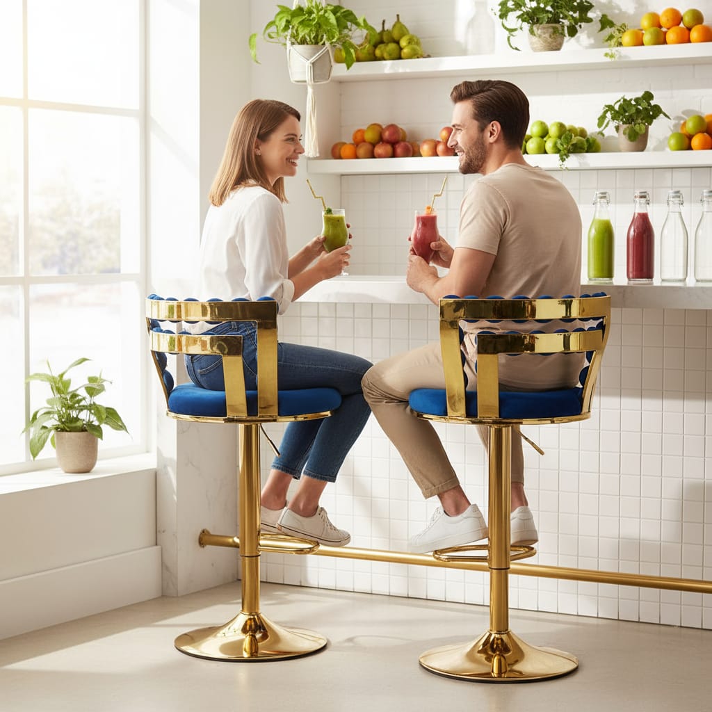 Modern Bar chair(set of 2 ) with golden color iron tube legs, soft cushions and comfortable backrest, suitable for dining room, living room, cafe,Bar stool,blue