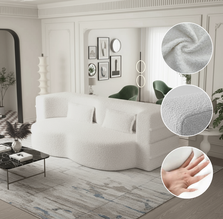 Modern Floor Sofa with 2 Pillows – Convertible Teddy Fabric Foam-Filled Sleeper Sofa Bed, 15" Full Size Folding Mattress for Living Room, Guest Bed, Playroom | Trufairs