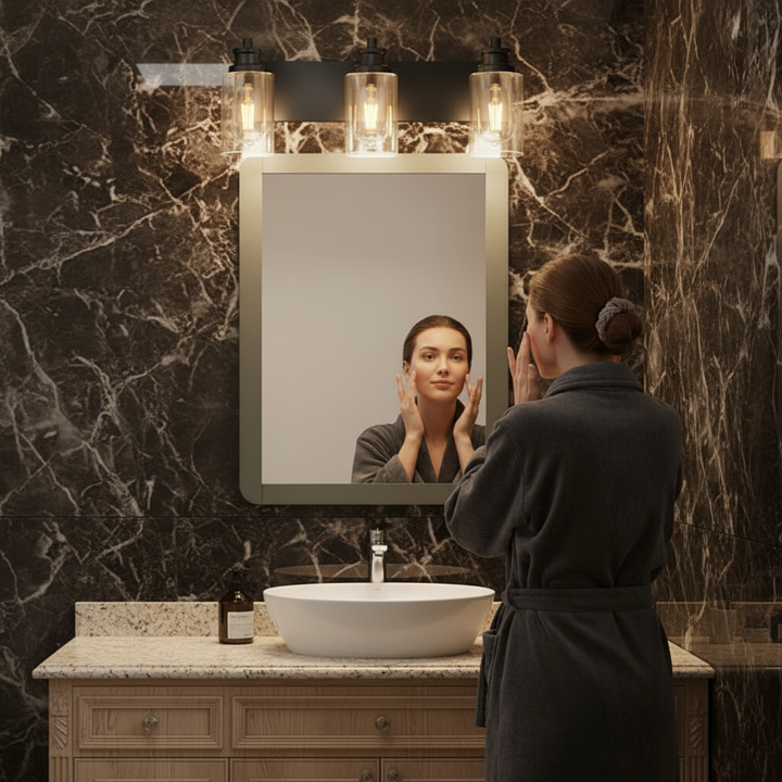 3-Lights Black Vanity Light Fixtures Over Mirror with Clear Glass Shade,Industrial Wall Mount Lamp Metal Bathroom Lighting