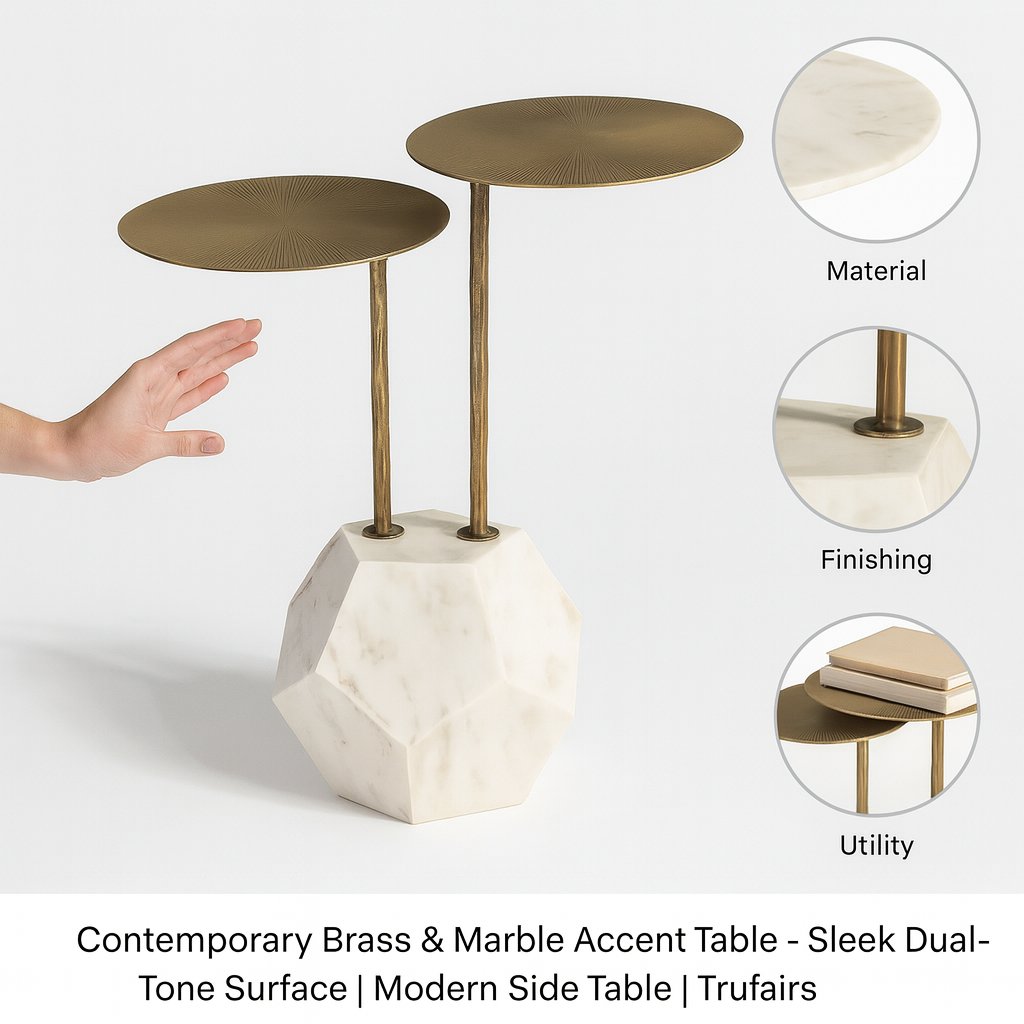 Marble Brass Accent Table – Contemporary White & Gold Statement | Side Table | Trufairs