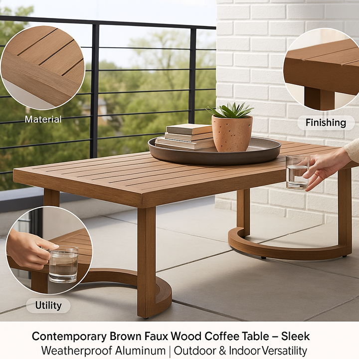 Modern Faux Wood Coffee Table – Brown Aluminum Versatility | Outdoor/Indoor Accent Table | Trufairs