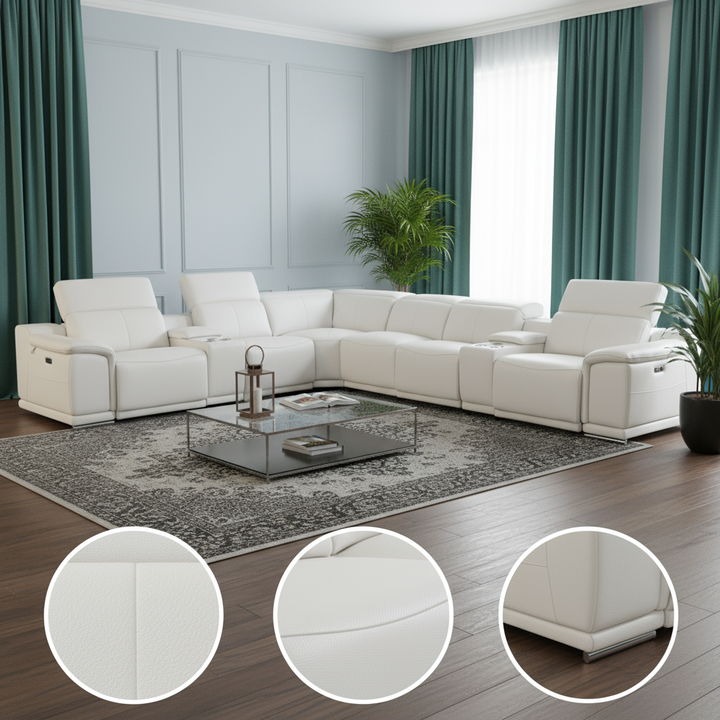 White Italian Leather Power Reclining U Shaped Eight Piece Corner Sectional With Console
