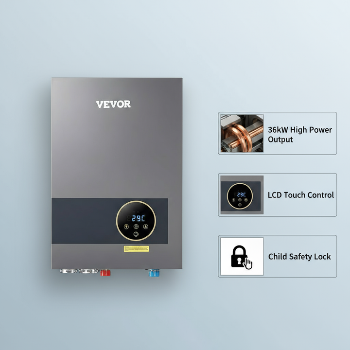 36kW Tankless Electric Water Heater Instant Hot with LCD Touch Child Lock