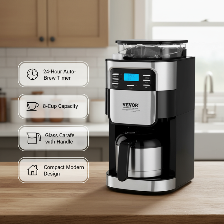 VEVOR 8-Cup Coffee Maker Drip Coffee Machine with 24-Hour Timer for Auto Brew