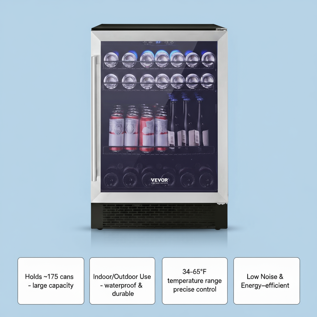 VEVOR 24" Beverage Refrigerator, 154 Cans Under Counter Built-in or Freestanding Beer Cooler Fridge, Blue LED Light, Child Lock, Adjustable Shelves, ETL
