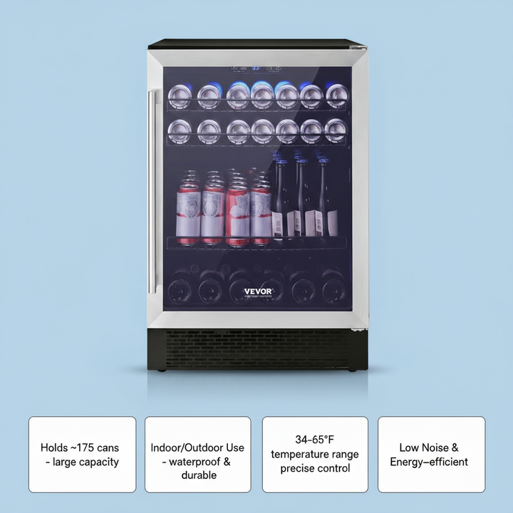 VEVOR 24" Beverage Refrigerator, 154 Cans Under Counter Built-in or Freestanding Beer Cooler Fridge, Blue LED Light, Child Lock, Adjustable Shelves, ETL