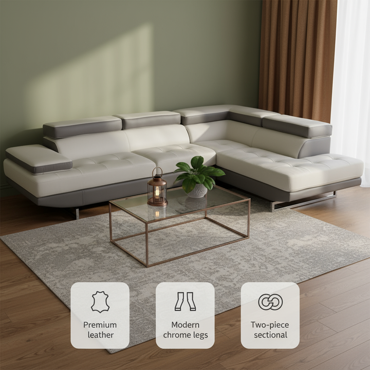 Gray Leather L Shaped Two Piece Corner Sectional