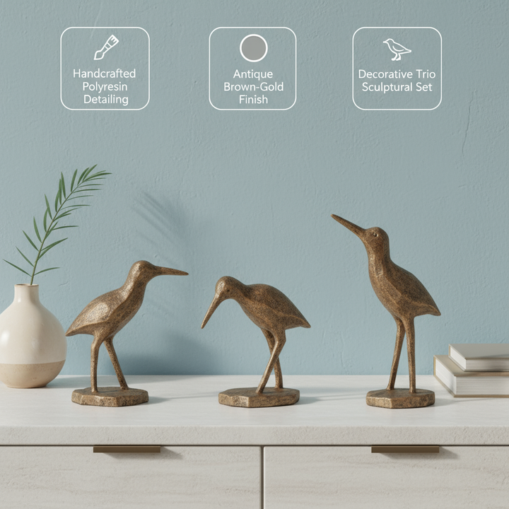 Set of Three Brown And Gold Polyresin Bird Figurine
