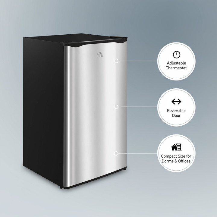 HOMCOM 3.2 Cu.Ft Mini Fridge Freezer, Single Door with Adjustable Thermostat, Reversible Door for Dorm, Silver