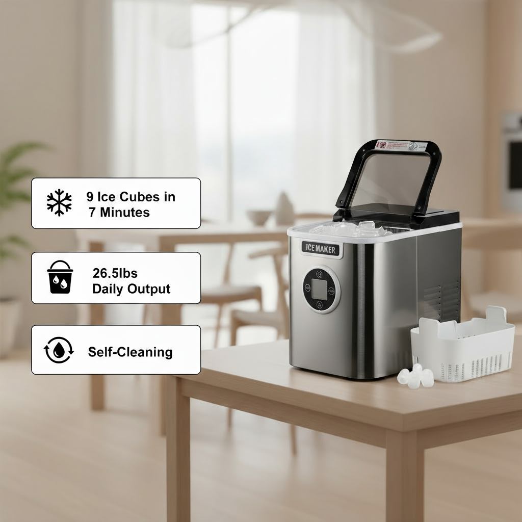 Countertop Ice Maker with 9 Bullet Ice in 7 Mins, Portable Ice Machine with Ice Scoop and Basket , 26.5lbs/24H, Self-Cleaning,Stainless,for Home Office Bar Party