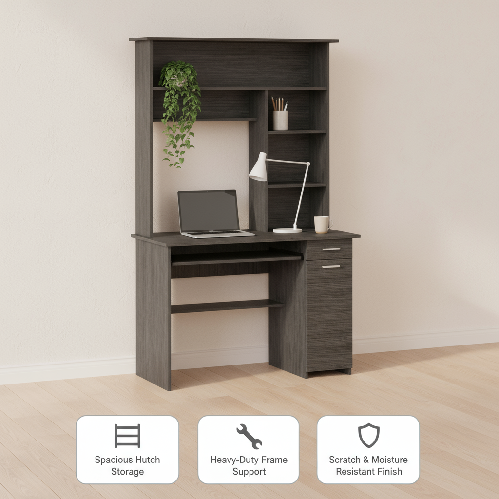 43" Gray Computer Desk With Hutch