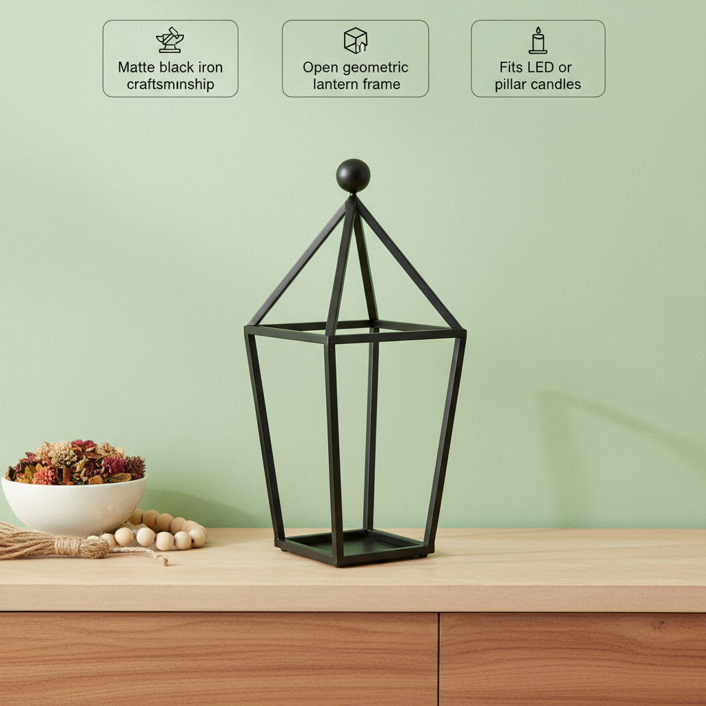 24" Black Geometric Metal Tabletop Lantern Candle Holder