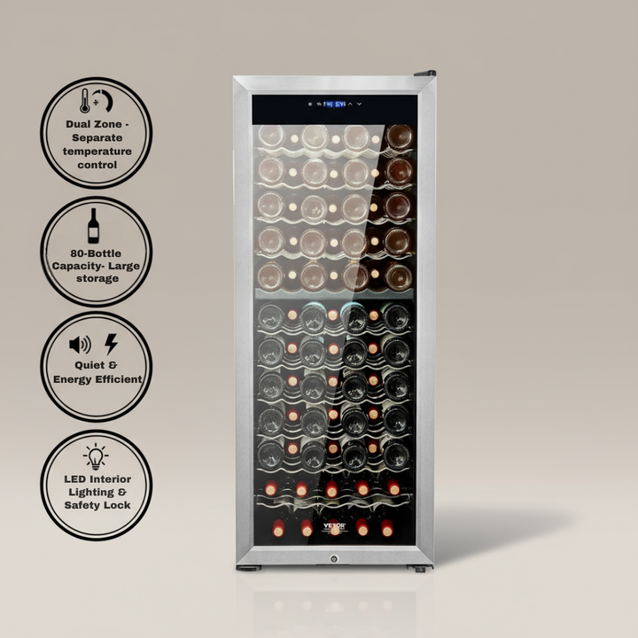 VEVOR 80-Bottle Wine Cooler Dual Zone Freestanding Refrigerator LED Light Lock