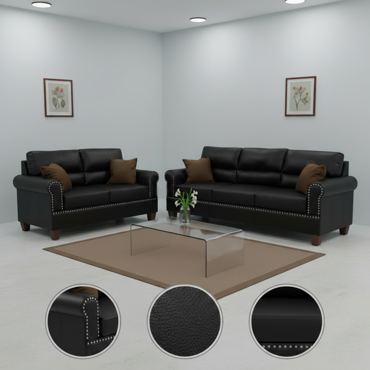 Black Bonded Leather 2-Piece Sofa & Loveseat Set – Modern Living Room Furniture | Trufairs