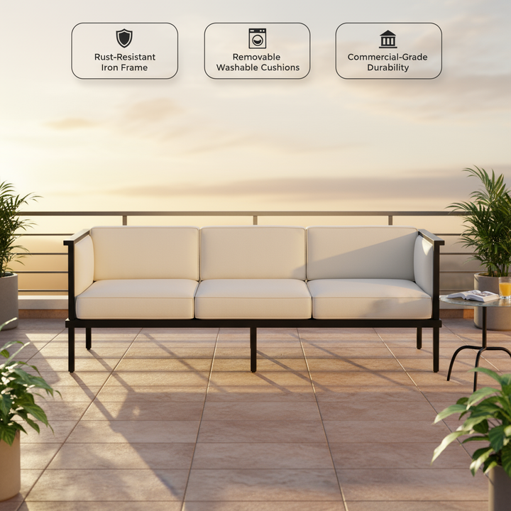 Modern Outdoor Iron Sofa Black - Norway 77"" Patio Furniture with Removable White Cushions & Commercial-Grade Durability