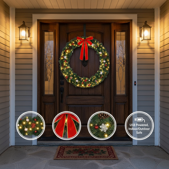 48 Inch Green Christmas Wreath with Bow, 150 LED Lights, Durable PVC, USB Powered, Holiday Decoration for Indoor & Outdoor