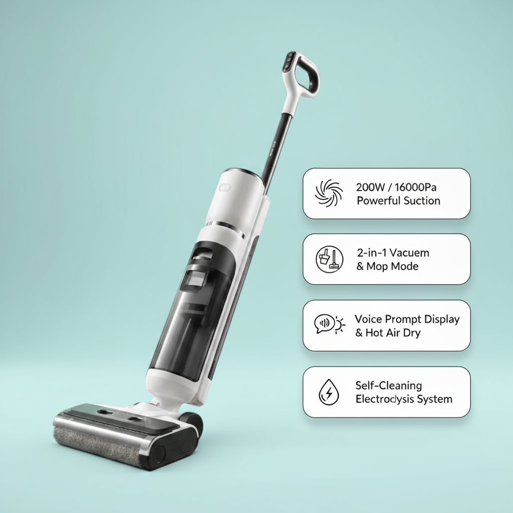 PSModel-A Floor Cleaning Vacuum Retention Rate of Contaminants 99.92% 200W/16000pa 2in1 Portable Vacuum Cleaner Battery Life 40 Minutes Voice Prompt + Display, Hot Air Drying Electrolysis Self-Clean