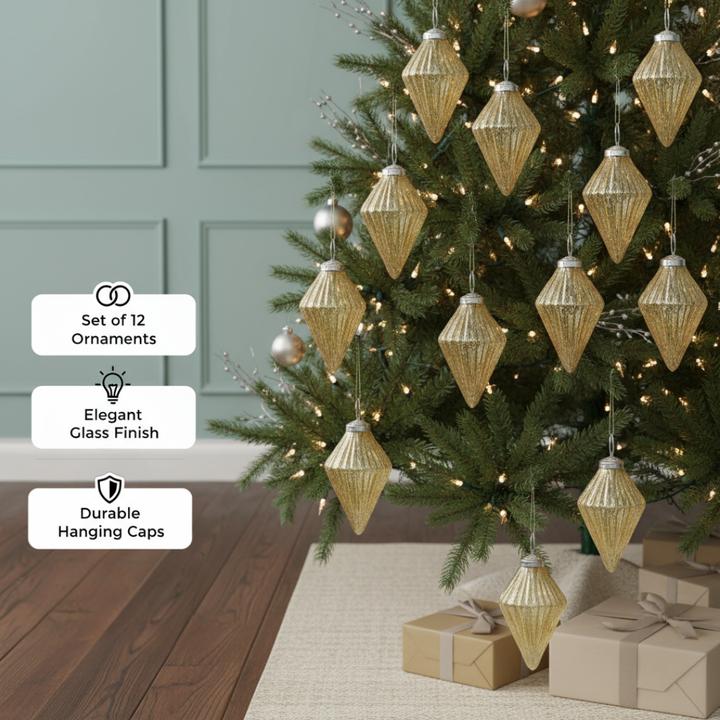 Gold Glass Christmas Ornaments – 2.6"x4.4" Decorative Hanging Balls for Tree & Holiday Decor (Set of 12) | Trufairs
