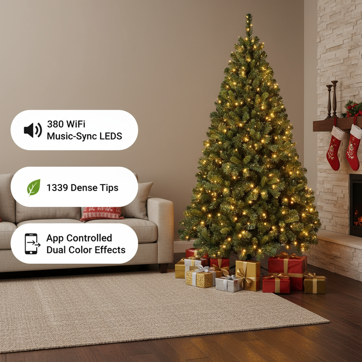 7FT PVC Christmas Tree with 380 WiFi Music Sync LED Lights – App Control, 1339 Tips, Hinged Branches, Dual-Color Effects, Metal Stand